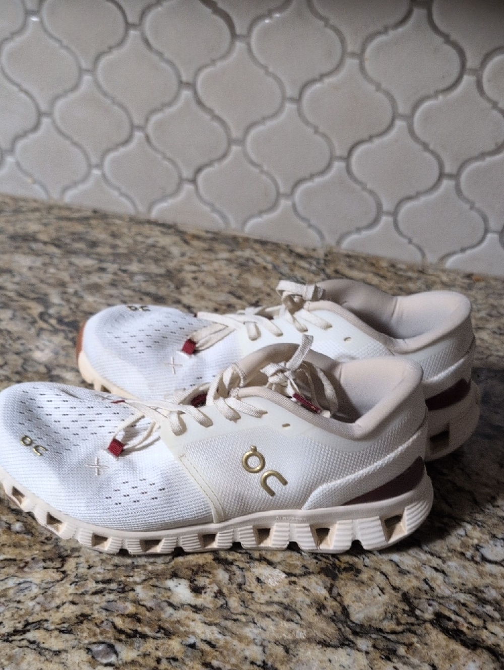 Women's White Athletic Sneakers with Burgundy Accents